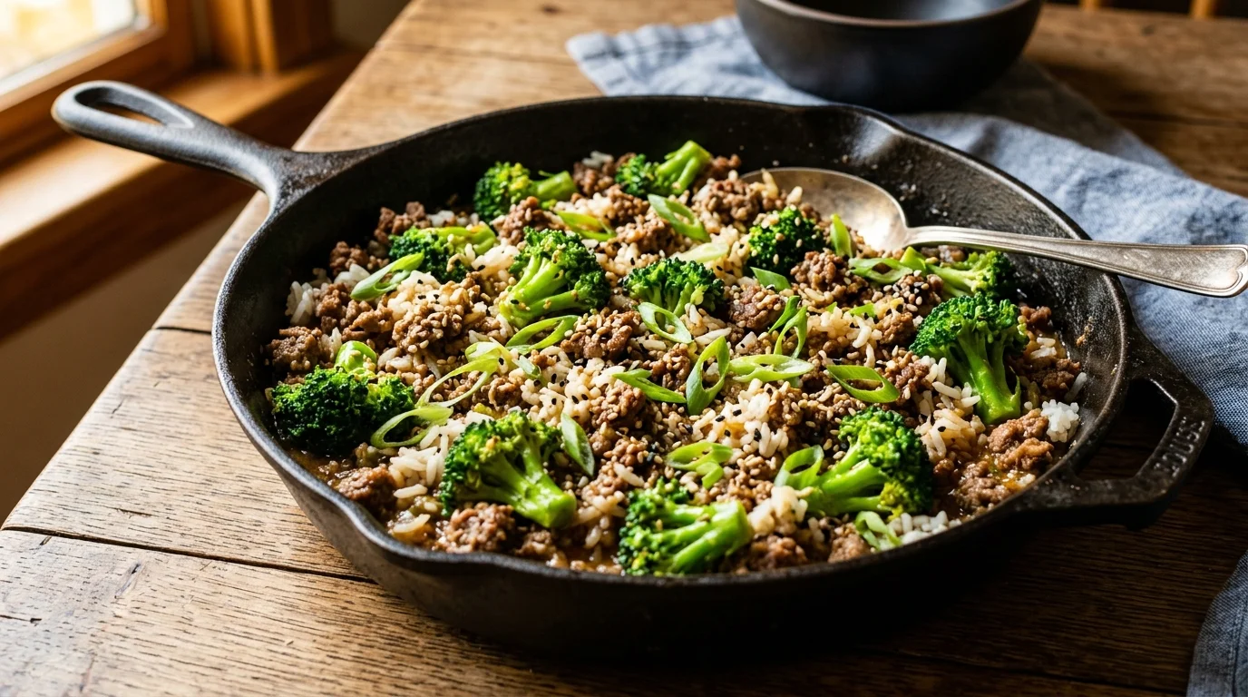 One Pot Ground Beef and Broccoli Rice Skillet